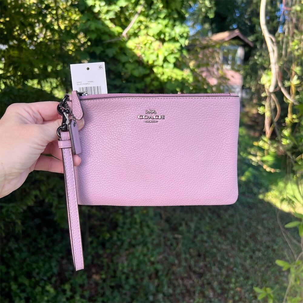 Coach Women's Pebble Leather Wristlet Wallet in Purple Ice w Silver Hardware NWT